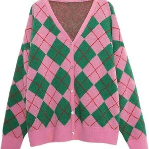 Pink and Green Argyle Women's Sweater
